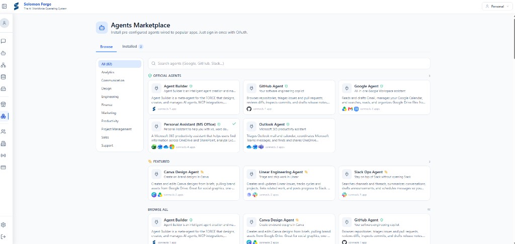 Solomon Forge Agents Marketplace with browseable enterprise agents