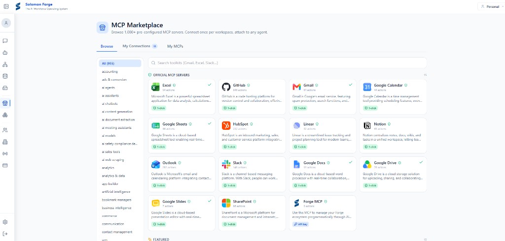 Solomon Forge MCP Marketplace showing governed enterprise tool connections
